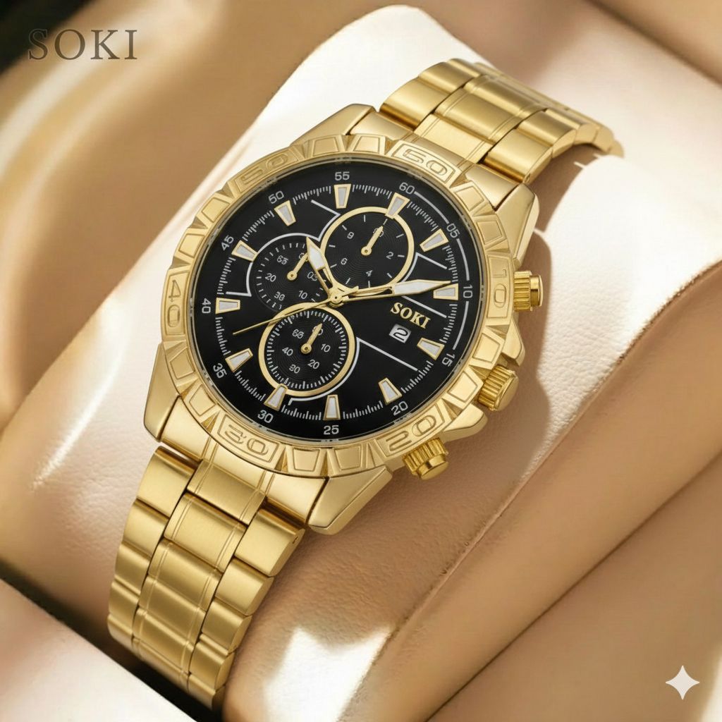 یاعت مردانه برند SOKI  قفل کلیپیسی  باکیفیت  طراحی خاص و زیبا بند فلزی صفحه مشکی موتور کوارتز طرح سه موتوره روز شمار