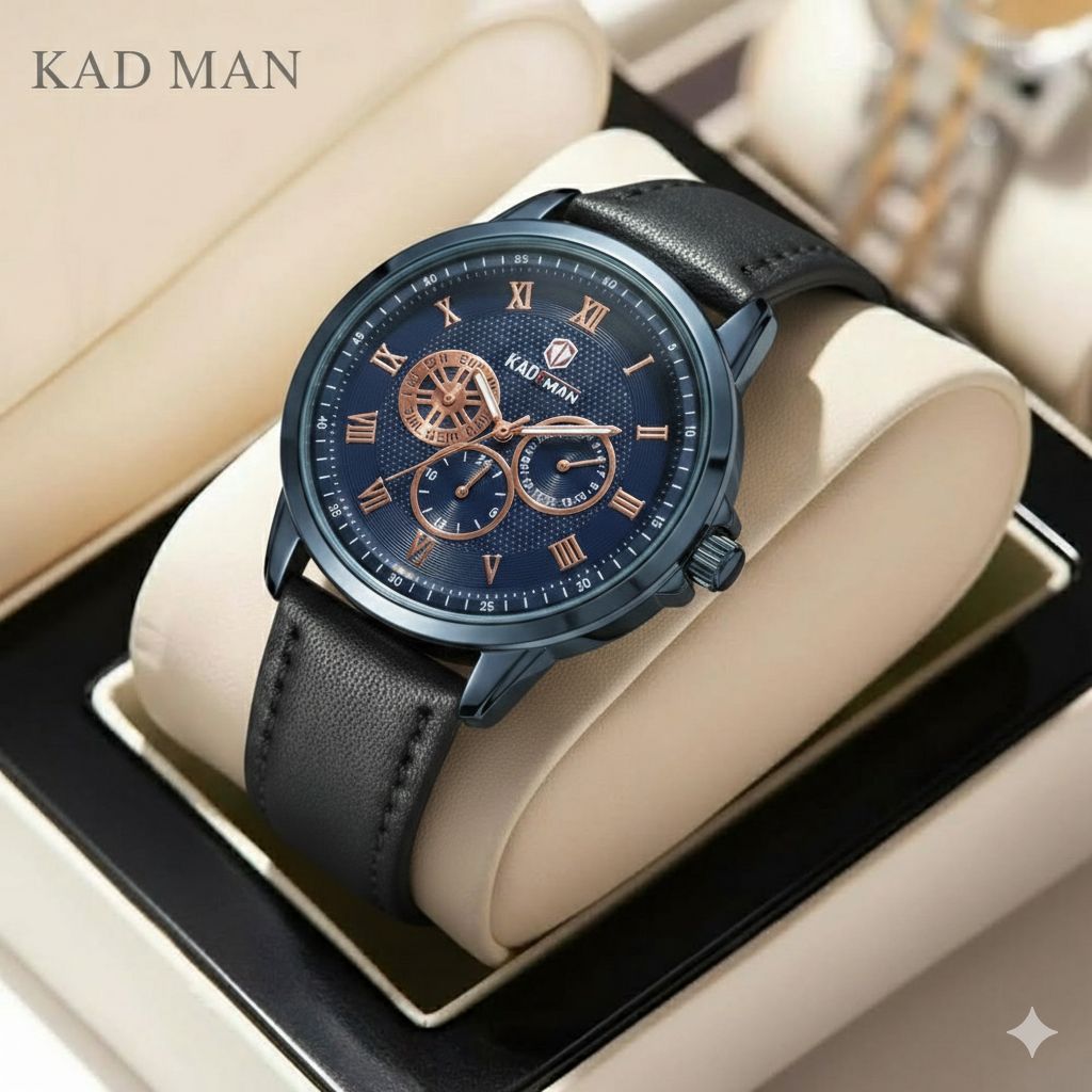 ساعت مردانه برند KADEMAN   نشانگر ۲۴ ساعته سه موتور فول تایم شمارش معکوس دارای روز شمار   صفحه شب نما  بندچرم اصل رنگ ثابت  قفل کمربندی فولادی موتور کوارتز