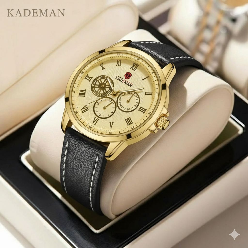 ساعت مردانه برند KADEMAN   نشانگر ۲۴ ساعته سه موتور فول تایم شمارش معکوس دارای روز شمار   صفحه شب نما  بندچرم اصل رنگ ثابت  قفل کمربندی فولادی موتور کوارتز