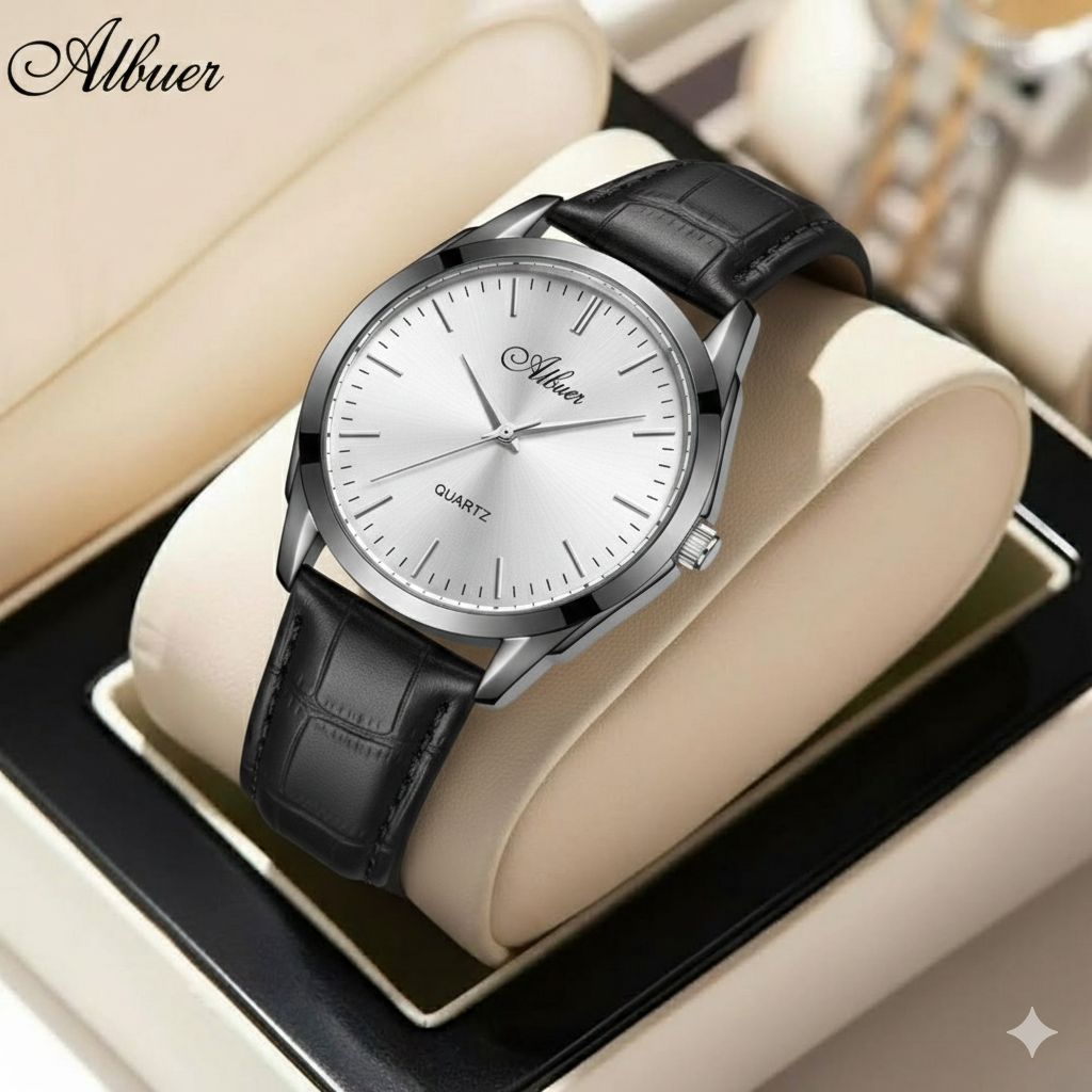 ساعت مردانه برند ALBEN  بندچرم اصل قفل کمربندی فولادی موتور کوارتز باکیفیت  طراحی خاص و زیبا صفحه سفید