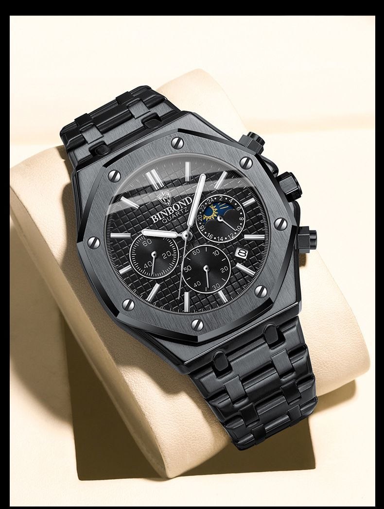 ⌚️بین باند مدلی نو  •مدل B3459 نمایش سان موون  دارای روزشمار کرنوگراف  مقاوم دربرابر آب  بند استیل قاب استیل(روکش متال) شیشه کریستال  دارای نمایشگر ۲۴ ساعت قفل استیل پروانه ای موتور کوارتز سه موتور فعال صفحه شب نما خاص وجذاب