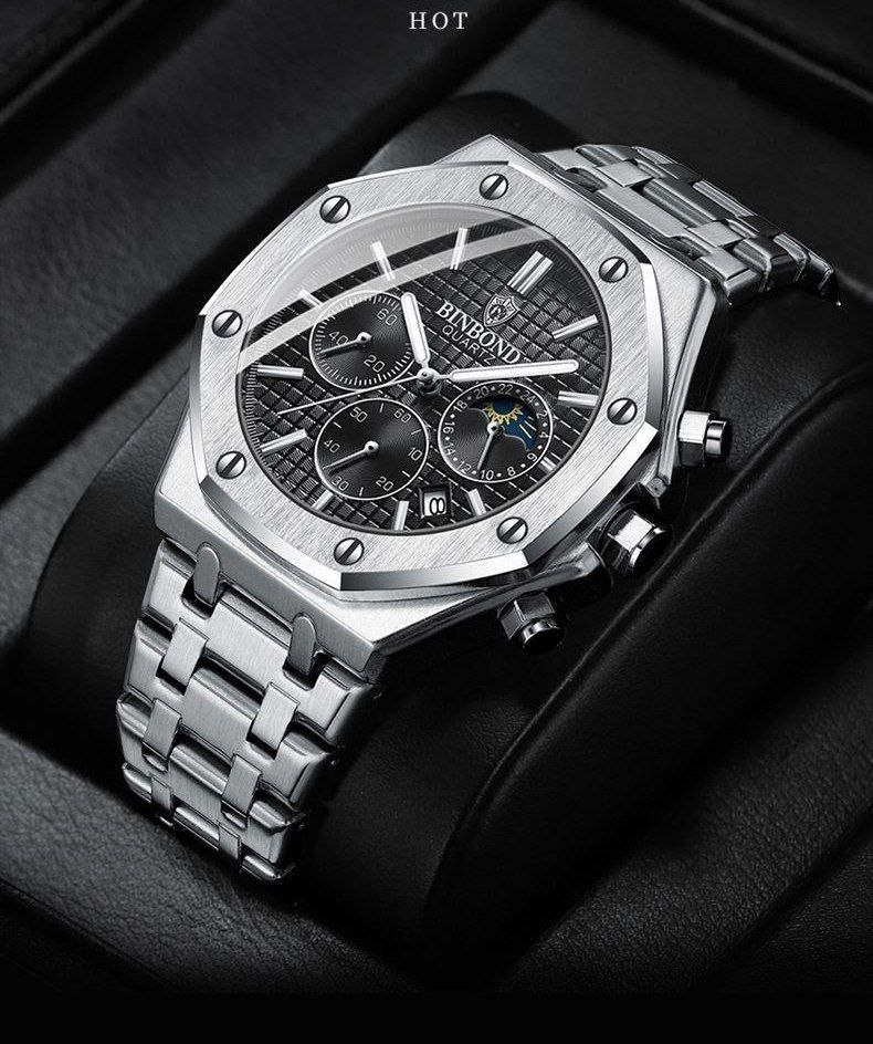 ⌚️بین باند مدلی نو  •مدل B3459 نمایش سان موون  دارای روزشمار کرنوگراف  مقاوم دربرابر آب  بند استیل قاب استیل(روکش متال) شیشه کریستال  دارای نمایشگر ۲۴ ساعت قفل استیل پروانه ای موتور کوارتز سه موتور فعال صفحه شب نما خاص وجذاب