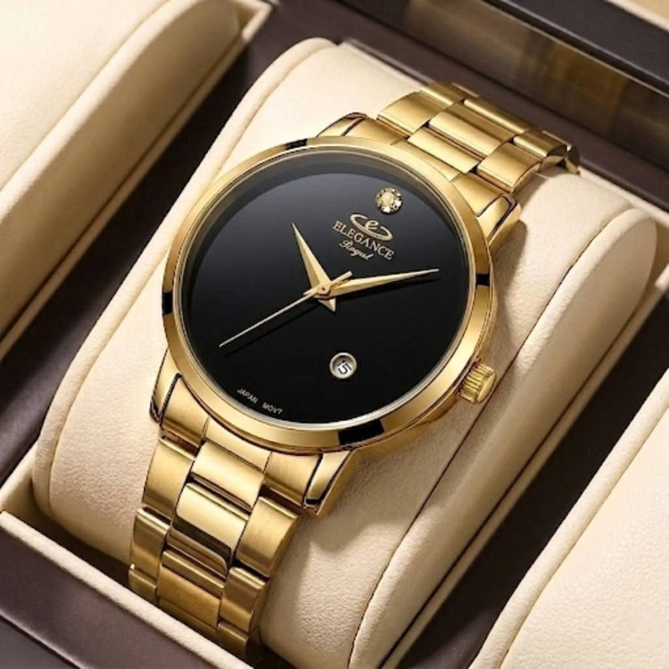 ELEGANCE new collection ✨️ ⌚️ الگانس رایال دارای روز شمار قفل کلیپسی بنداستیل رنگ طلایی موتور کوارتز صفحه مشکی