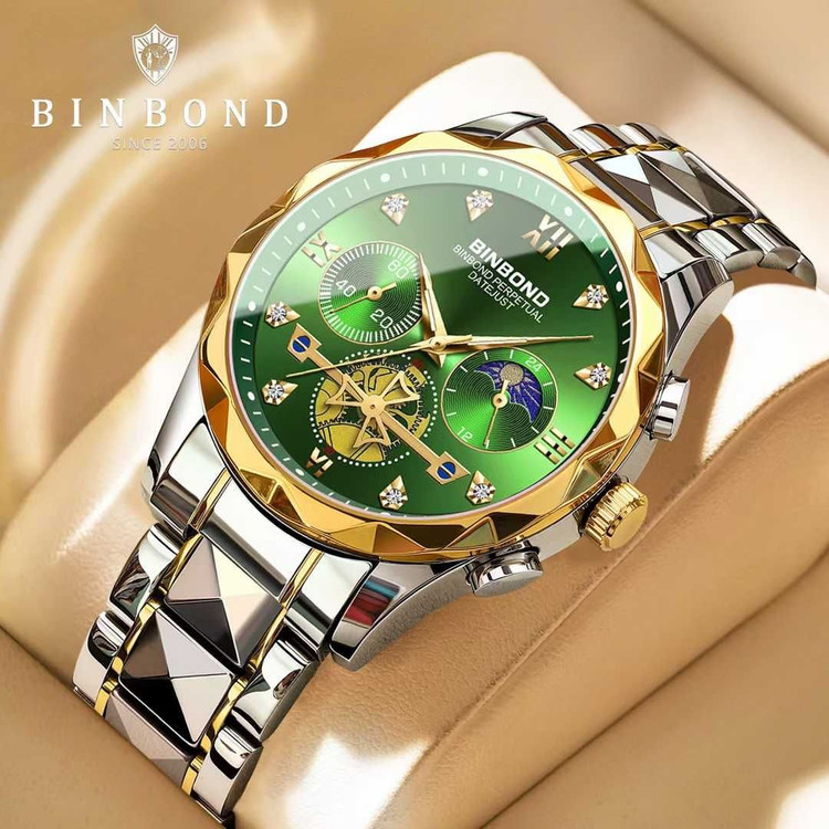 ⌚️بین باند مدلی نو مردونه پرطرفدار مقاوم دربرابر آب برندشرکتی نمایش مون استار شب نما کرنوگراف دارای روز شمار ایام هفته بند استیل فولاد شیشه سافایر قفل دو پروانه موتور کوارتز