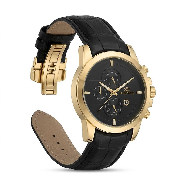 ELEGANCE 🔥excellent ⌚️ الگانس مناسب آقایان دارای روز شمار بالاترین گرید بازار موتور ژاپن قفل پروانه ای رنگ ثابت بندچرمی فیکس موتور کوارتز طرح کرنوگراف
