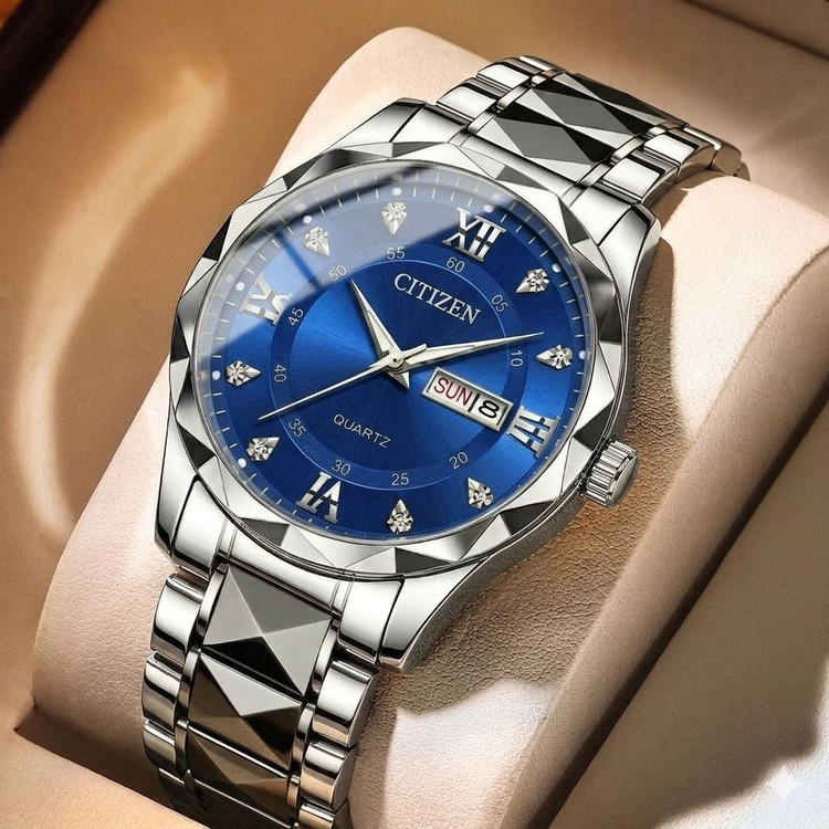CITIZEN Couple watch ⌚️سی تیزن مدلی نو رفرانس4200GO دارای روز شمار و ایام هفته طرح الماس بند استیل مقاوم دربرابر آب قفل کلیپسی موتور کوارتز