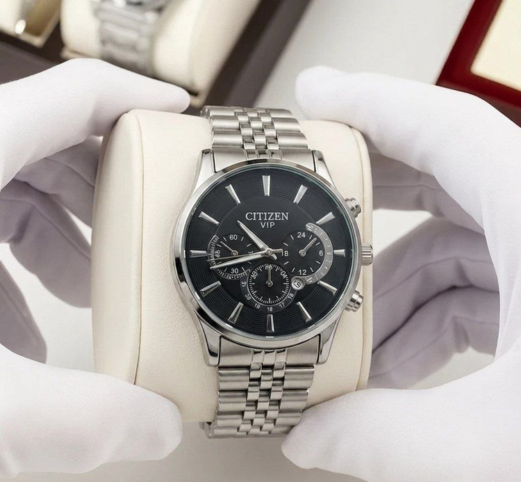 CITIZEN Man collection سیتیزن مردونه بند استیل قفل کلیپسی قاب سیلور دارای روز شمار طرح کرنو