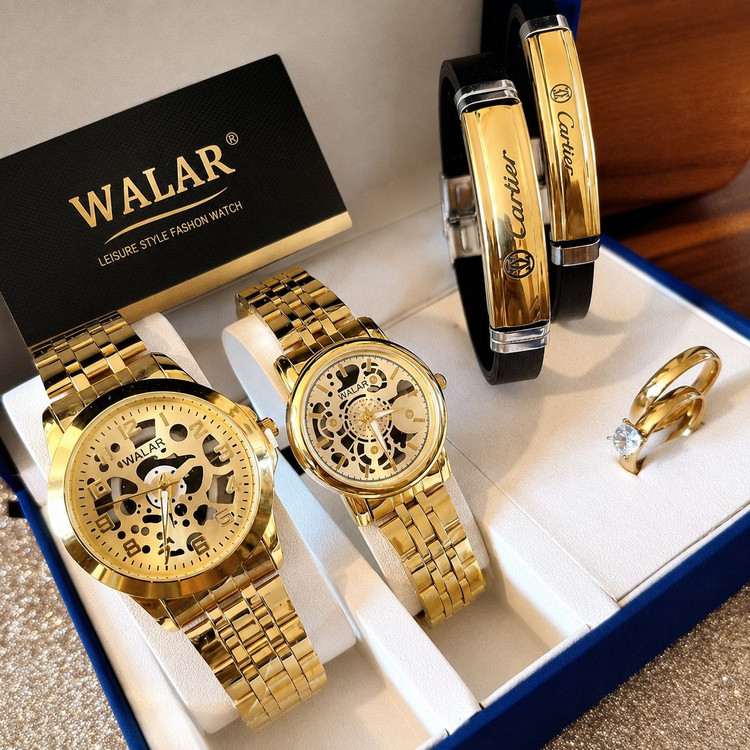 🌈ست ساعت مردانه و زنانه والار ☑️ WALAR set ✅طرح اتومات ✅موتور کوارتز ✅طراحی خاص و شیک ☑️به همراه دستبند چرمی ست ☑️به همراه ست حلقه 🎁به همراه جعبه کادویی