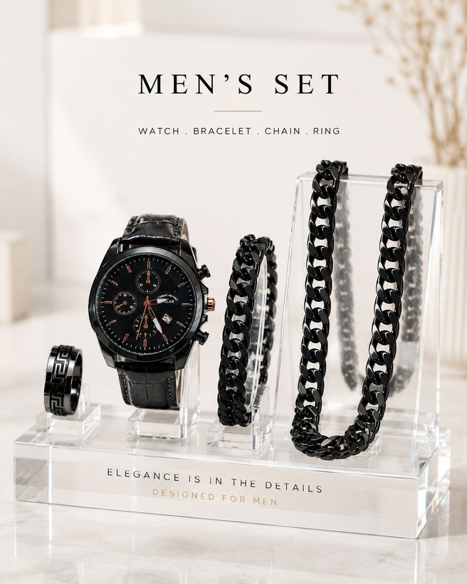 🌈 ست ساعت مردانه مارک والار ☑️Walar for mens ✅تقویم دار ✅بند چرمی ✅ضد آب در حد شستشو دست ✅موتور کوارتز ✅بهترین گزینه برای کادو و هدیه ☑️به همراه گردنبند کارتیر ☑️و دستبند کارتیر ☑️و حلقه دو تیکه استیل 🎁به همراه جعبه کادویی