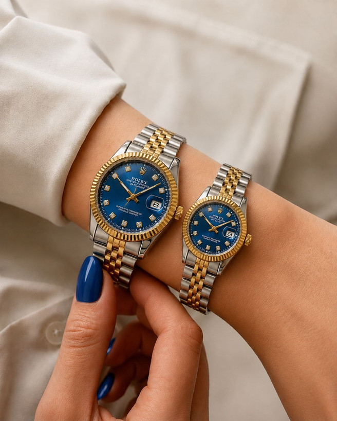 ROLEX ست رولکس دیت جاس دارای روز شمار قفل کلیپسی صفحه نمایش کاربنی بند استیل بند اجری تقویم تلسکوپی