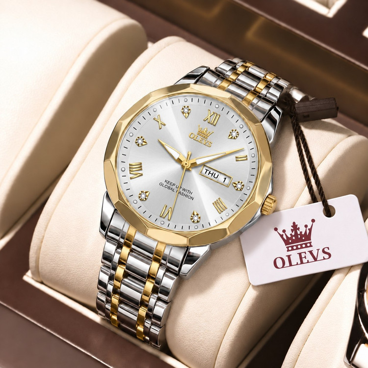 olevs Collection 2026 Man watch الوز مردونه 《ویژگی های محصول 》 موتور کوارتز کارت مقاوم در برابر آب طرح الماس دارای روز شمار ایام هفته صفحه شب نما بند فولاد استیل قفل پروانه ای استیل مخفی شیشه سافایر ضدخش