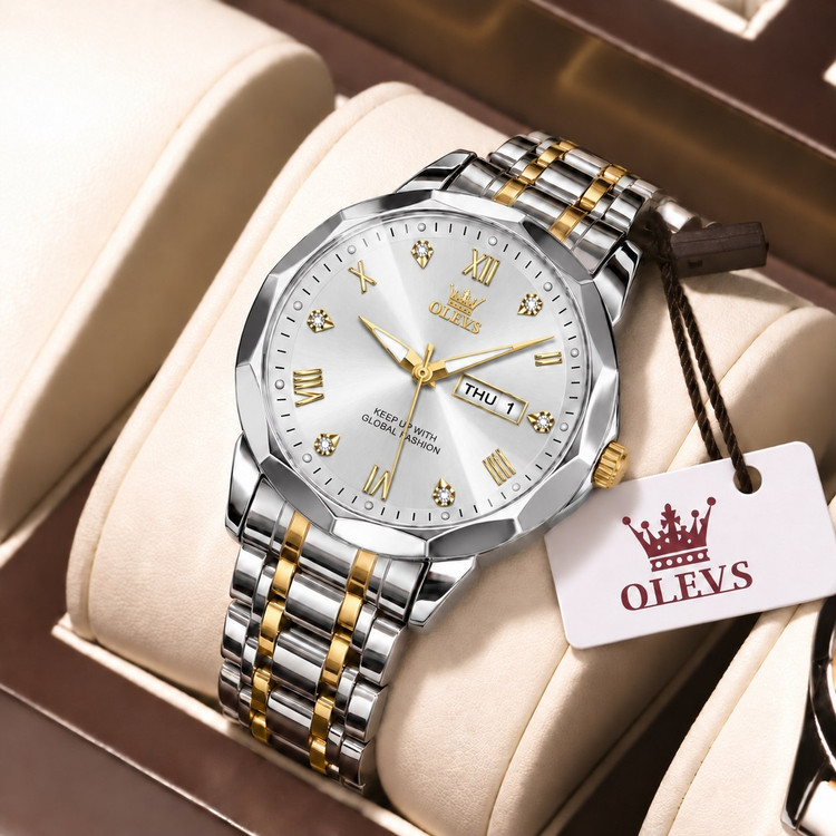 olevs Collection 2026 Man watch الوز مردونه 《ویژگی های محصول 》 موتور کوارتز کارت مقاوم در برابر آب طرح الماس دارای روز شمار ایام هفته صفحه شب نما بند فولاد استیل قفل پروانه ای استیل مخفی شیشه سافایر ضدخش