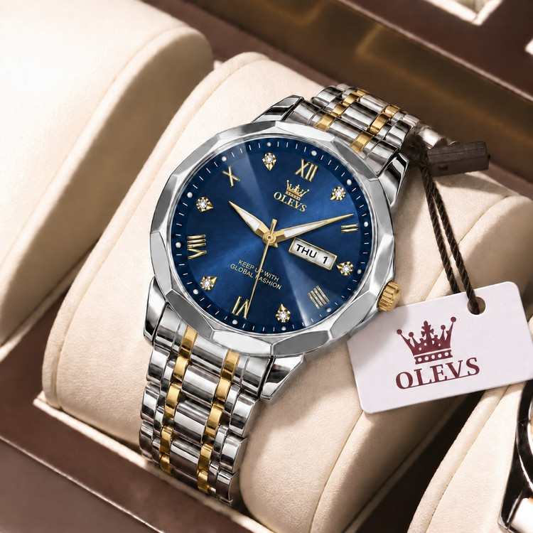 olevs Collection 2026 Man watch الوز مردونه 《ویژگی های محصول 》 موتور کوارتز کارت مقاوم در برابر آب طرح الماس دارای روز شمار ایام هفته صفحه شب نما بند فولاد استیل قفل پروانه ای استیل مخفی شیشه سافایر ضدخش