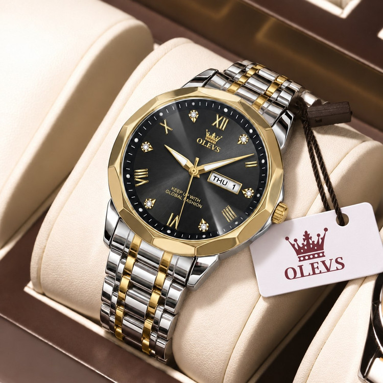 olevs Collection 2026 Man watch الوز مردونه 《ویژگی های محصول 》 موتور کوارتز کارت مقاوم در برابر آب طرح الماس دارای روز شمار ایام هفته صفحه شب نما بند فولاد استیل قفل پروانه ای استیل مخفی شیشه سافایر ضدخش