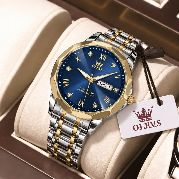 olevs Collection 2026 Man watch الوز مردونه 《ویژگی های محصول 》 موتور کوارتز کارت مقاوم در برابر آب طرح الماس دارای روز شمار ایام هفته صفحه شب نما بند فولاد استیل قفل پروانه ای استیل مخفی شیشه سافایر ضدخش