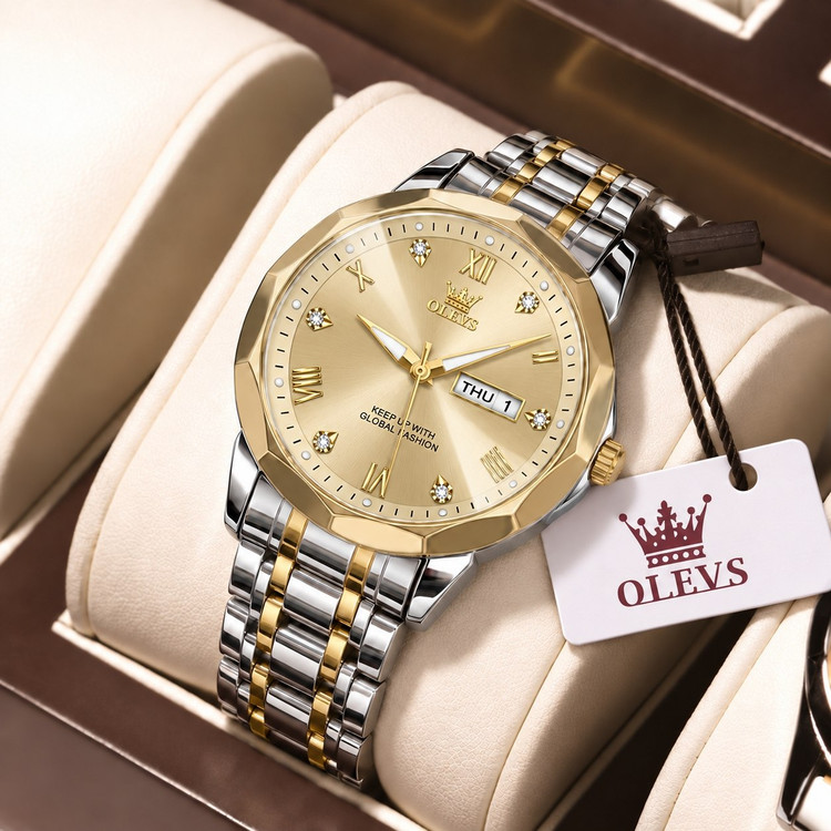 olevs Collection 2026 Man watch الوز مردونه 《ویژگی های محصول 》 موتور کوارتز کارت مقاوم در برابر آب طرح الماس دارای روز شمار ایام هفته صفحه شب نما بند فولاد استیل قفل پروانه ای استیل مخفی شیشه سافایر ضدخش