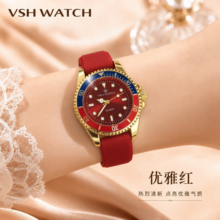☑️VSH ⌚️برند شرکتی زنونه بند سلیکون ضد حساسیت مقاوم دربرابر آب تاچیمتر قفل کمربندی موتور کوارتز خاص وجذاب