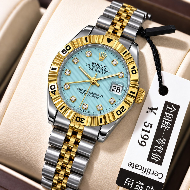 ROLEX رولکس دیت جاس زنونه دارای روز شمار قفل کلیپسی صفحه نگینی بند اجری تقویم تلسکوپی